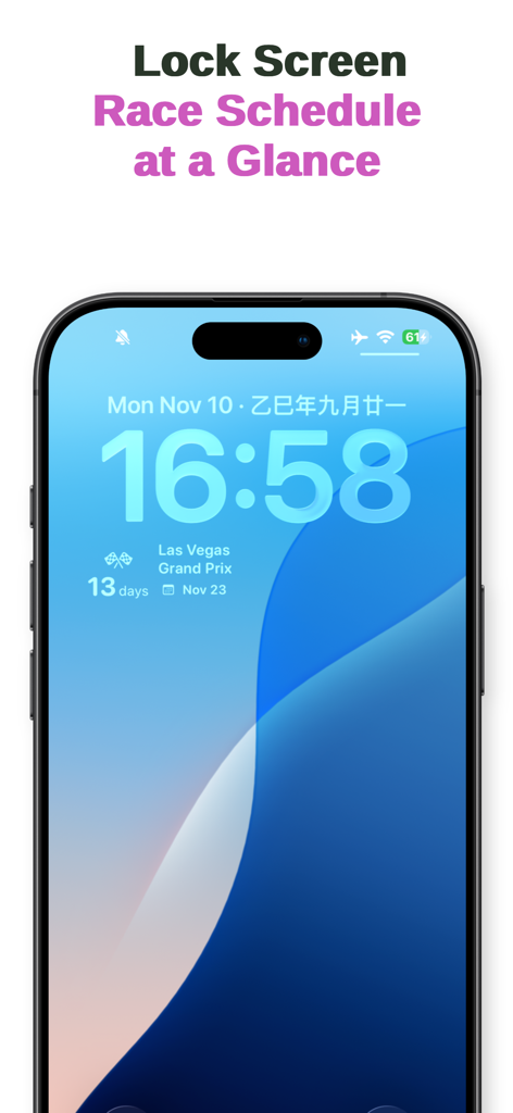 PitLane+ - iPhone-Sperrbildschirm mit einem PitLane Plus Widget mit dem Las Vegas Grand Prix Countdown und Rennplan.