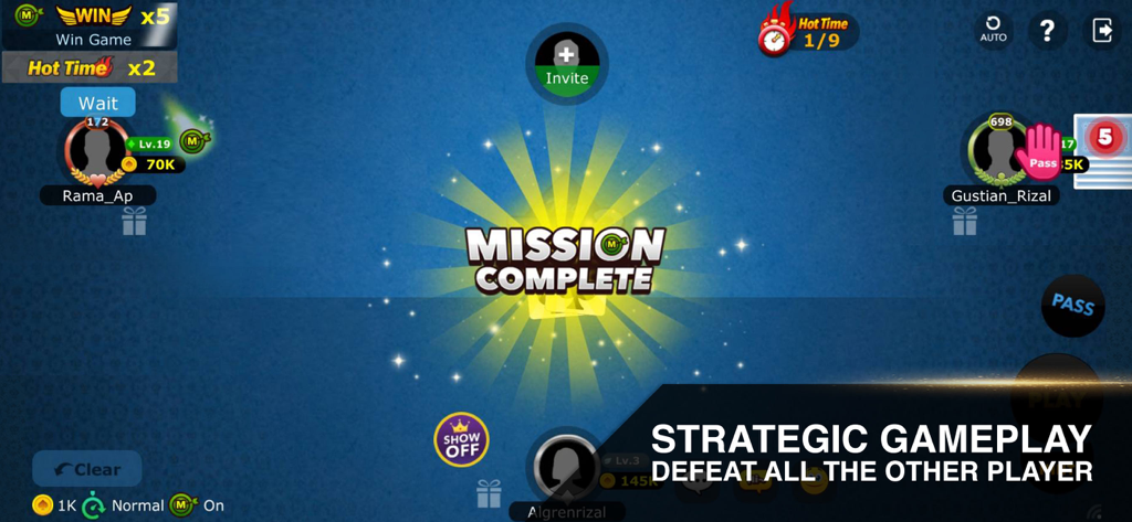Mission Complete screen in Capsa Banting New Big2 showing strategic gameplay and player avatars