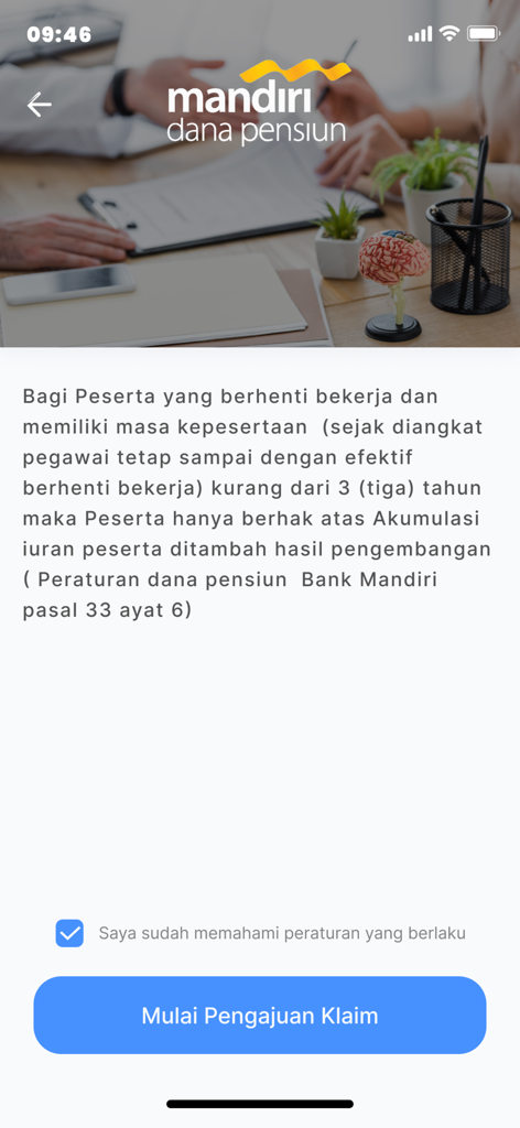 DPBM Online - Mandiri pension app screen showing claim regulations and a button to start the submission process
