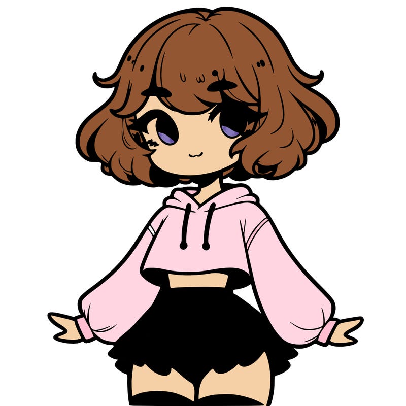 cute femboy with short, fluffy hair that softly frames their face, wearing a cropped hoodie, paired with a flouncy short skirt, and thigh-high stockings