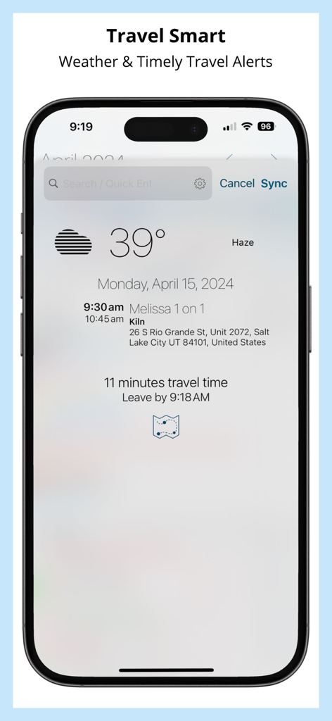 Pocket Informant app displaying weather and travel time alerts for a calendar event