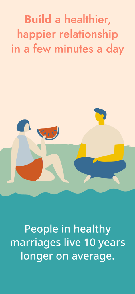 Lasting: Marriage & Couples - Una ilustración de una pareja sentada en el césped con texto que explica cómo los matrimonios saludables contribuyen a una vida más larga.