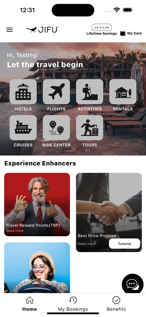 JIFU Member app home screen showing travel booking options and member rewards