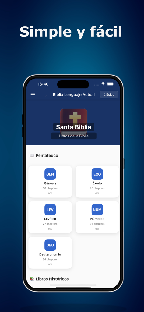 Home screen of the Biblia Lenguaje Actual TLA app showing books of the Pentateuch on a smartphone