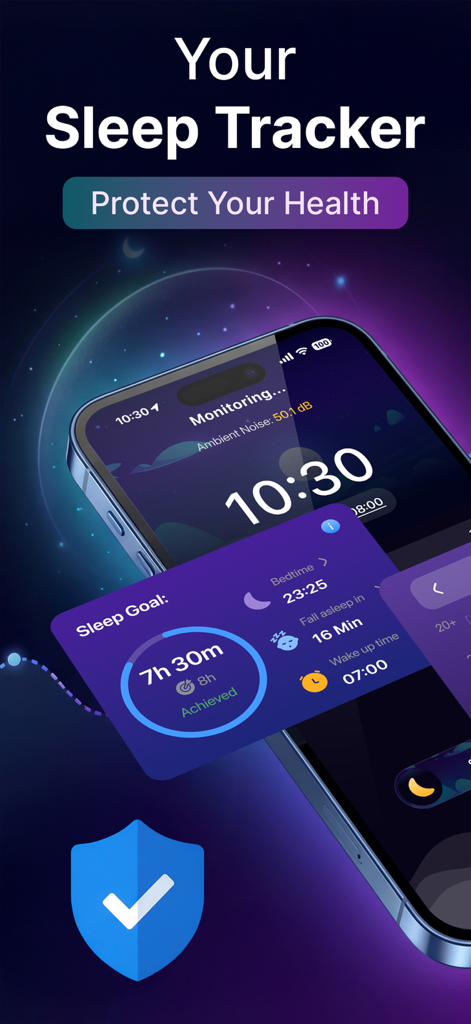 Interface de l'application Snoozy de suivi du sommeil montrant l'atteinte des objectifs de sommeil et la surveillance du coucher sur un smartphone