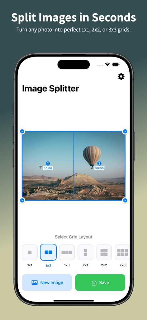 Image Splitter - Crop & Save - Image Splitter app interface showing a photo being split into a two part grid for social media