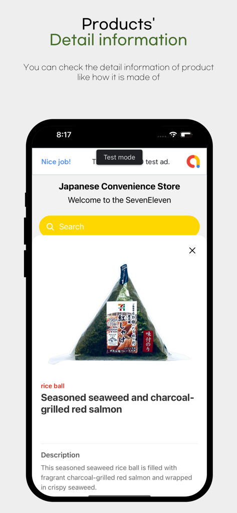 Japanese Convenience Store - A mobile app screen showing detailed information and a description for a 7-Eleven grilled salmon rice ball.