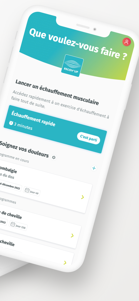 Recov'up - Tela do aplicativo Recov'up exibindo opções para um aquecimento muscular rápido de três minutos e programas de fisioterapia personalizados para dor nas costas e tornozelo.
