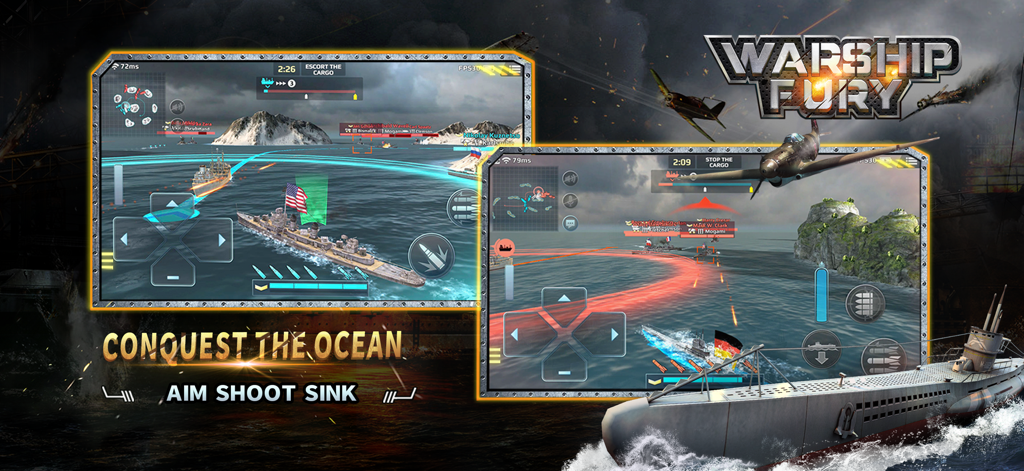 Action-packed naval combat in Warship Fury featuring WWII warships and submarines