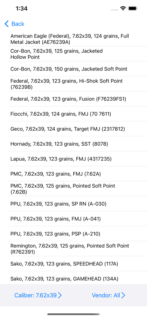 List of 7.62x39 cartridges from multiple vendors in the app database