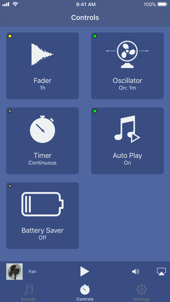 User interface of the Deep Sleep Sounds Pro app showing the controls screen with fader, oscillator, and sleep timer settings.