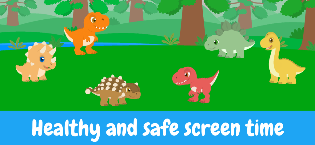 Dino Friends - Toddler Games - Dinosaurios de dibujos animados coloridos en un bosque con el texto Tiempo de pantalla saludable y seguro
