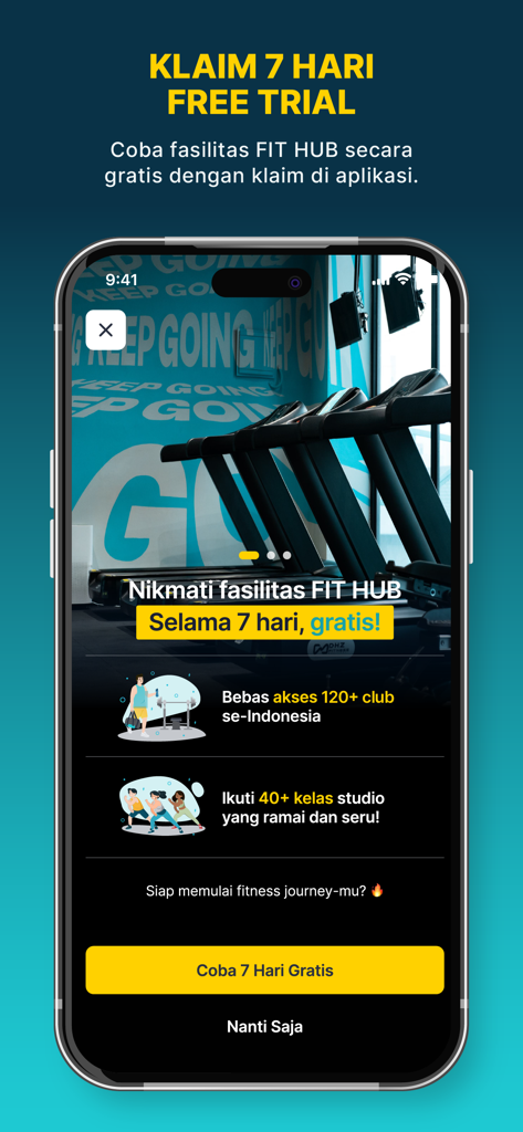 FIT HUB app interface showing a 7-day free trial offer for gym access and studio classes