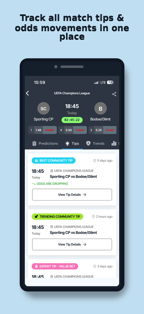ProTipster: Betting Tips Feed - ProTipster app screenshot showing football match predictions and odds movement tracking