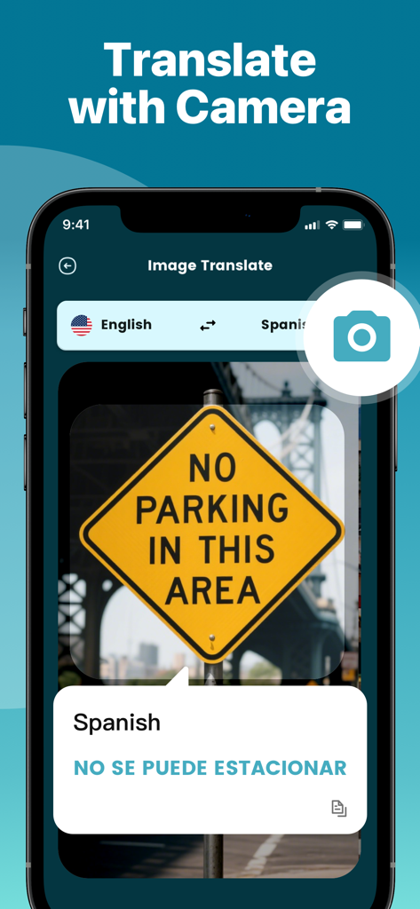 Uma tela de smartphone exibindo o recurso de tradução por câmera do Speak Translator convertendo uma placa de rua em inglês para espanhol.