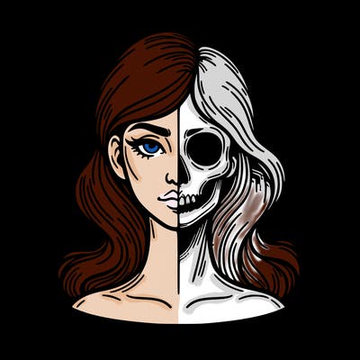 bust of a woman, half face and hair, half skull