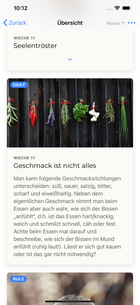 NUPP - Interface of the NUPP app displaying a mindful eating lesson about food texture and taste.