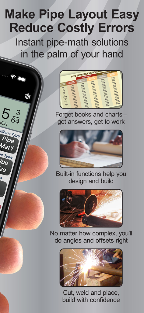 Graphique marketing pour l'application Pipe Trades Pro mettant en avant les outils de tracé de tuyaux et les applications industrielles
