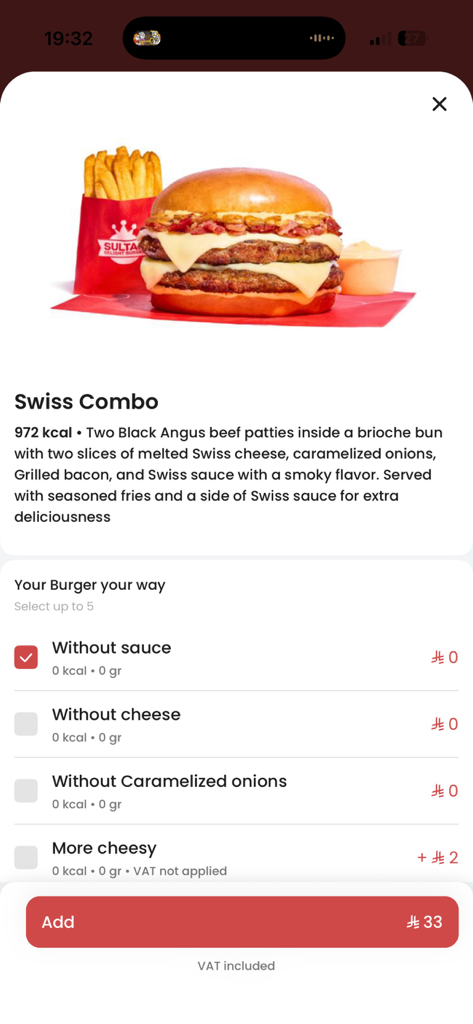 Sultan Delight - Eine Menüseite aus der Sultan Delight App, die einen Swiss Combo Burger mit Pommes und Anpassungsoptionen wie das Entfernen von Sauce oder Käse zeigt.