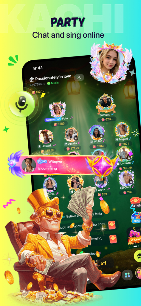 Kachi - Chat, Call & Party - Ein Screenshot der Sprachpartyraum-Oberfläche der Kachi App mit mehreren Benutzerprofilen und Elementen für virtuelle Geschenke.