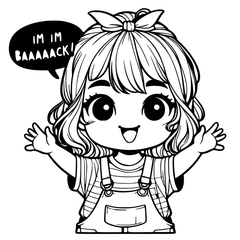 a realistic little girl saying im baaaaack
