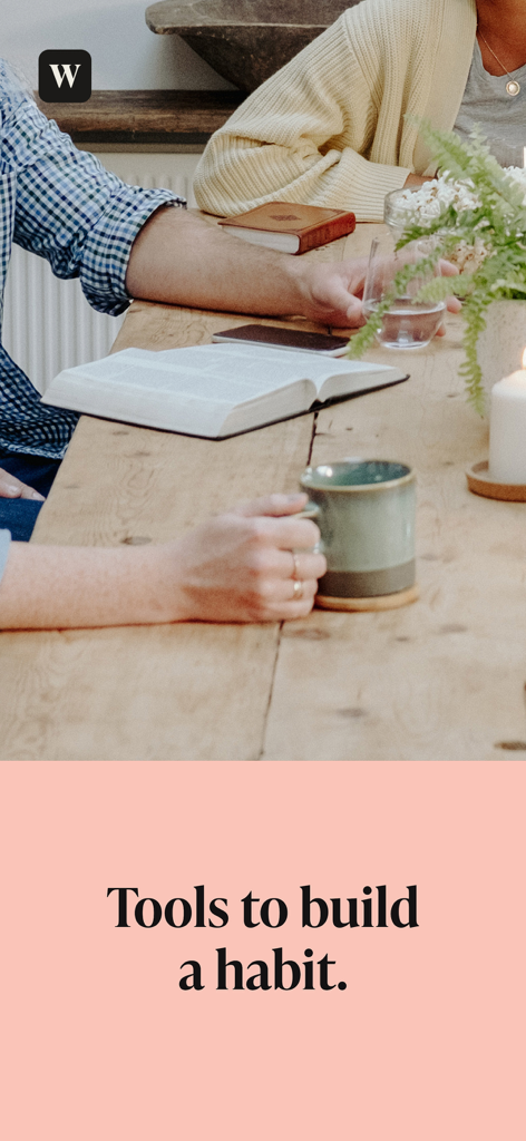 WordGo: The Bible Study App - People studying the Bible together at a wooden table with coffee and the text Tools to build a habit