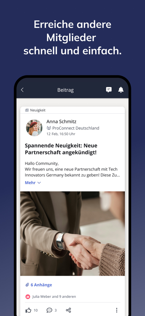 Mobile Bildschirmaufnahme des beUnity App Newsfeeds, die einen Community-Ankündigungsbeitrag über eine neue Partnerschaft zeigt.