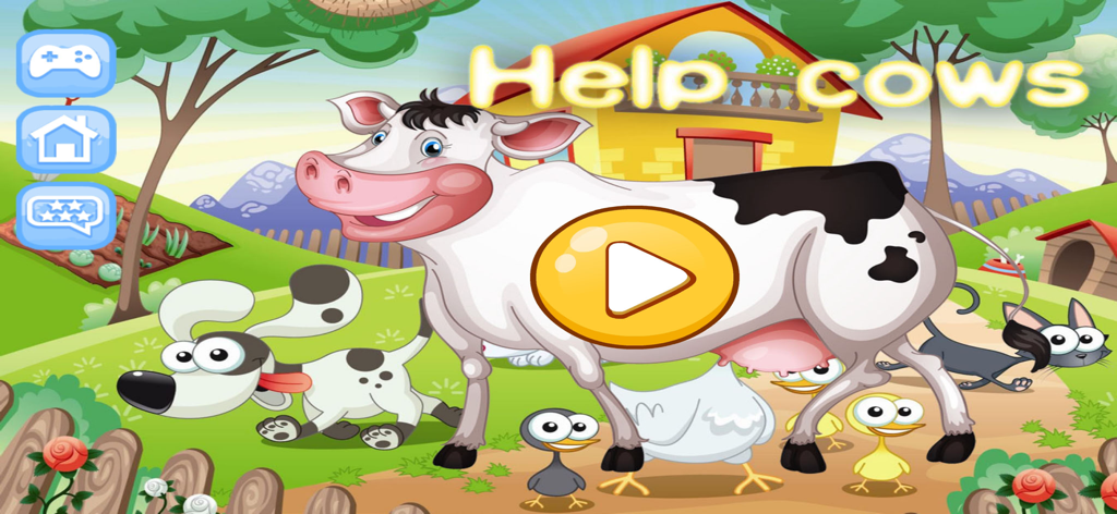 Help cow - The home screen of Help Cow showing a large cartoon cow and other farm animals with a play button.