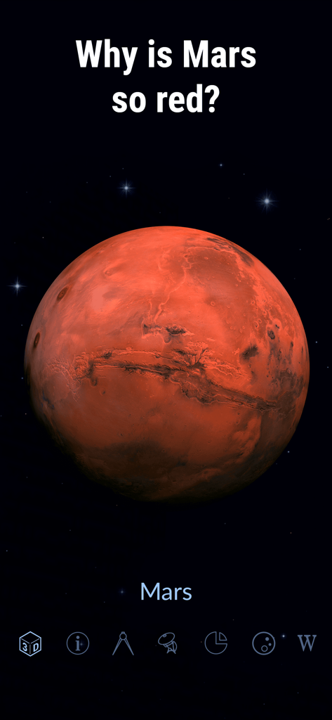 Star Walk 2 Pro: Sky Map Live - A detailed 3D model of the planet Mars with an educational question in the Star Walk 2 Pro app