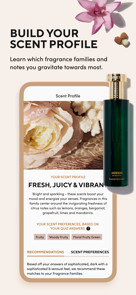 Scentbird app screen showing a personalized scent profile and fragrance recommendations based on user preferences.