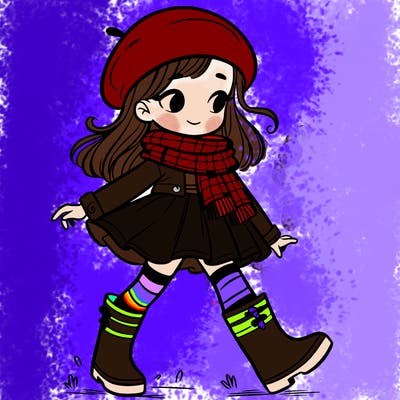girl woth scarf, beret hat a short skirt and rain boots