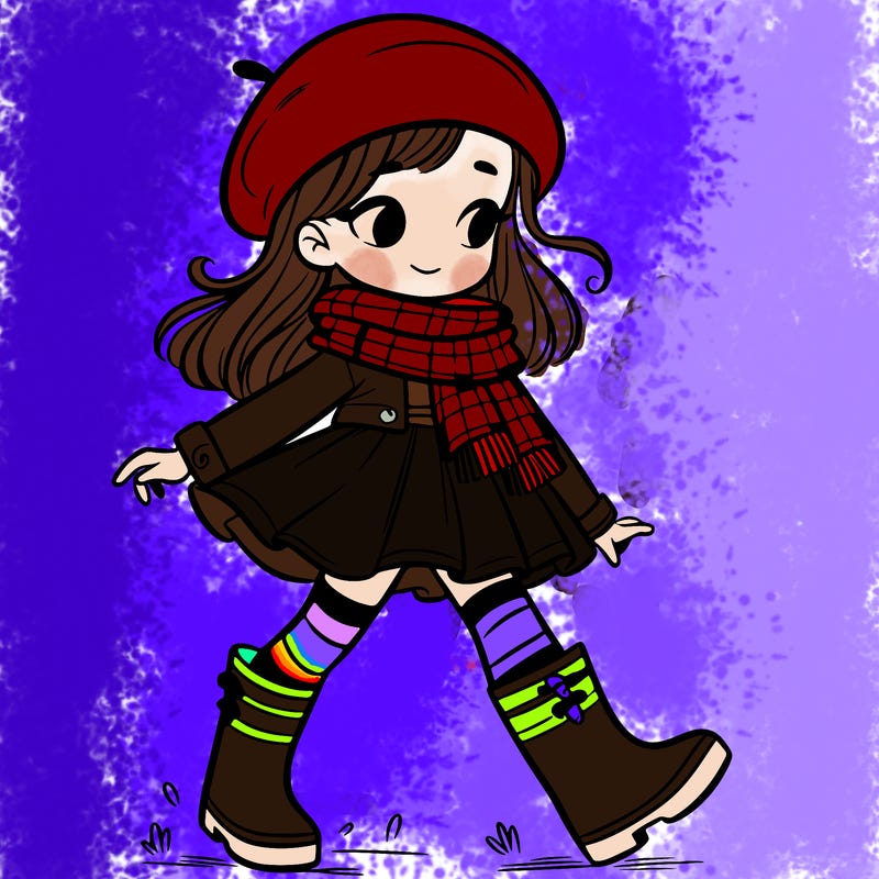 girl woth scarf, beret hat a short skirt and rain boots