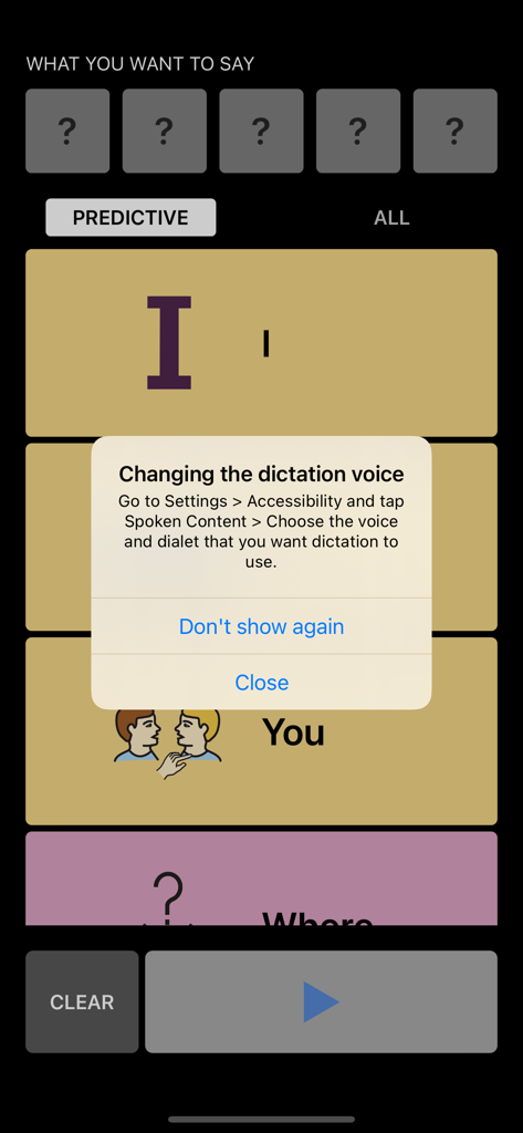 User interface of the Speak Your Mind AAC app showing a pop-up window with instructions on how to change the dictation voice.