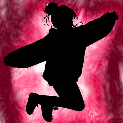 realistic girl jumping with a bun and oversized sweatshirt