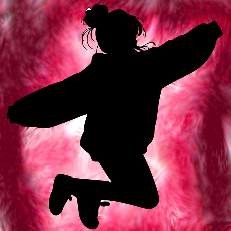 realistic girl jumping with a bun and oversized sweatshirt