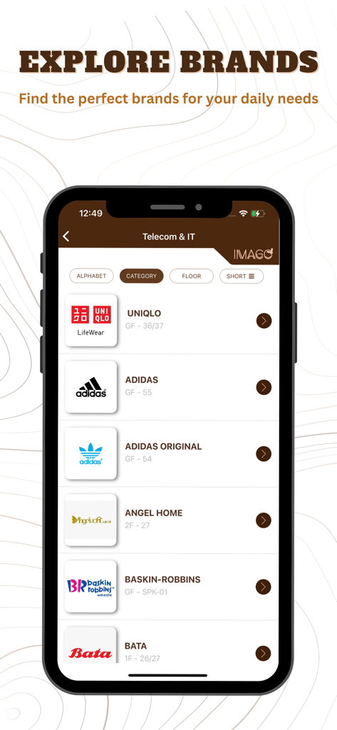 Imago Shopping Mall - Brand directory screen of the Imago Shopping Mall app listing stores like Uniqlo and Adidas