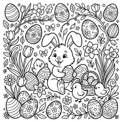 Embrace the joy of Easter with this delightful coloring page featuring a happy Easter Bunny and adorable baby chicks. The intricate design includes numerous decorated eggs and blossoming spring flowers, providing a festive scene for all ages to color.