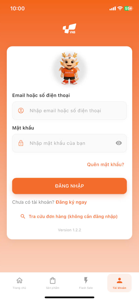 ShopVNB - Login interface of the ShopVNB sports shopping app featuring a dragon mascot and login fields