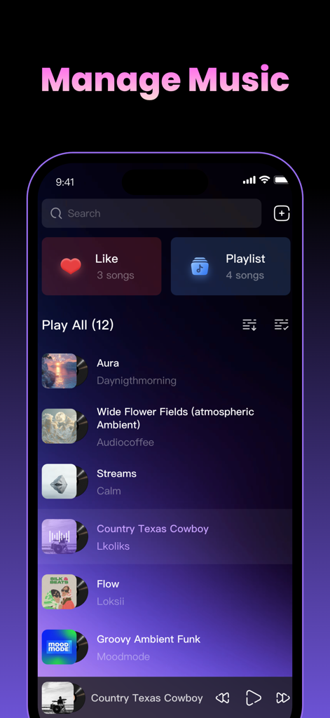 Interfaz de la aplicación Offline mostrando la pantalla de gestión de música con una lista de pistas ambientales y de concentración