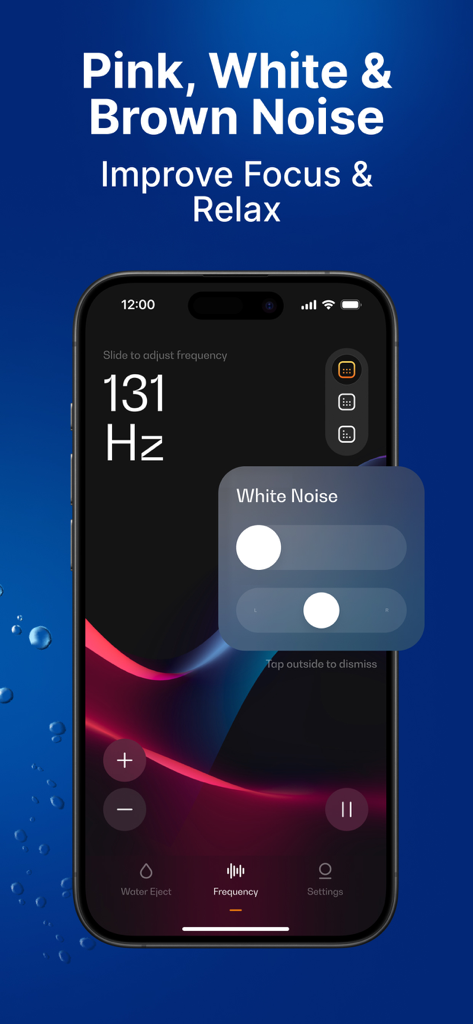 Sonic app interface displaying pink white and brown noise settings for focus and relaxation