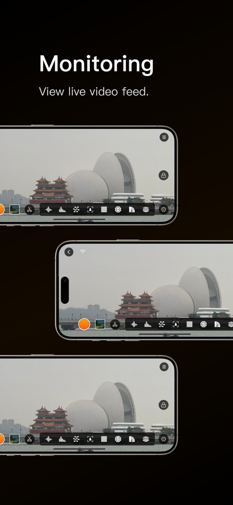 HollyView - HollyView app interface showing live video feed monitoring on multiple iPhones with professional analysis tools.