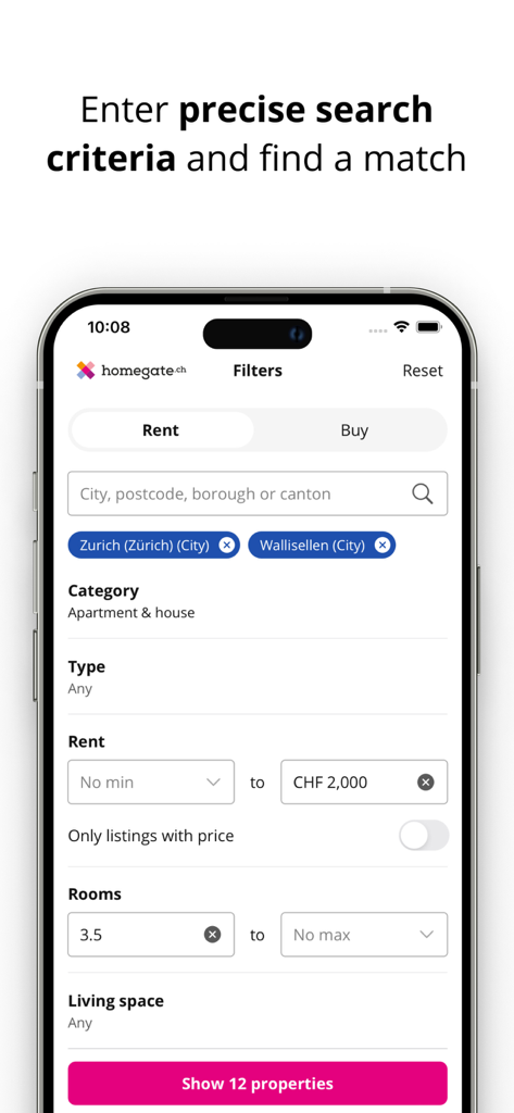 Mobile app interface of Homegate Explorer showing advanced search filters for renting or buying property in Switzerland