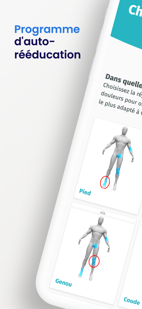 Recov'up - Interface do aplicativo Recovup mostrando uma escolha de partes do corpo para um programa de auto-reabilitação personalizado