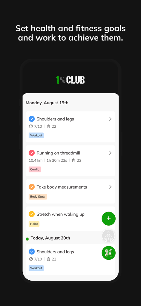 1 Percent Club - Smartphone screen displaying the 1 Percent Club app's daily schedule with fitness goals like workouts, cardio, and habit tracking