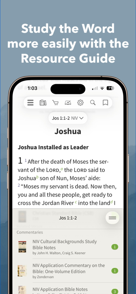 Bible App screen showing the Resource Guide feature with scripture and theological commentaries