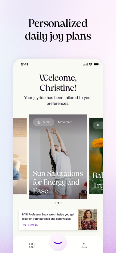 Joy 101 - Joy 101モバイルアプリのパーソナライズされた毎日の喜びのプランダッシュボード、運動エクササイズと専門家コースを表示