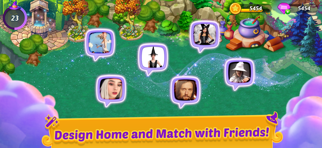 Merge Witches-Fun Puzzle Game - Función social en Merge Witches mostrando perfiles de jugadores en un jardín mágico