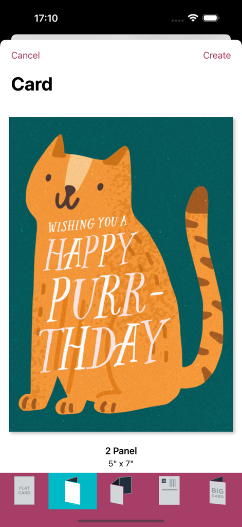 SendOutCards - SendOutCards app screen showing a cute cat birthday card preview