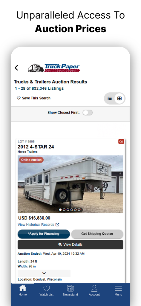 TruckPaper: Trucks For Sale - TruckPaper mobile app screen showing commercial truck and trailer auction prices and detailed listings