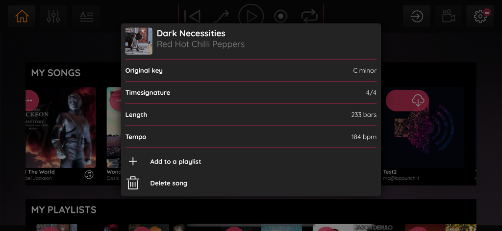 JamFactory - Multitrack Tunes - Song information popup in JamFactory app showing key and tempo for Dark Necessities by Red Hot Chili Peppers